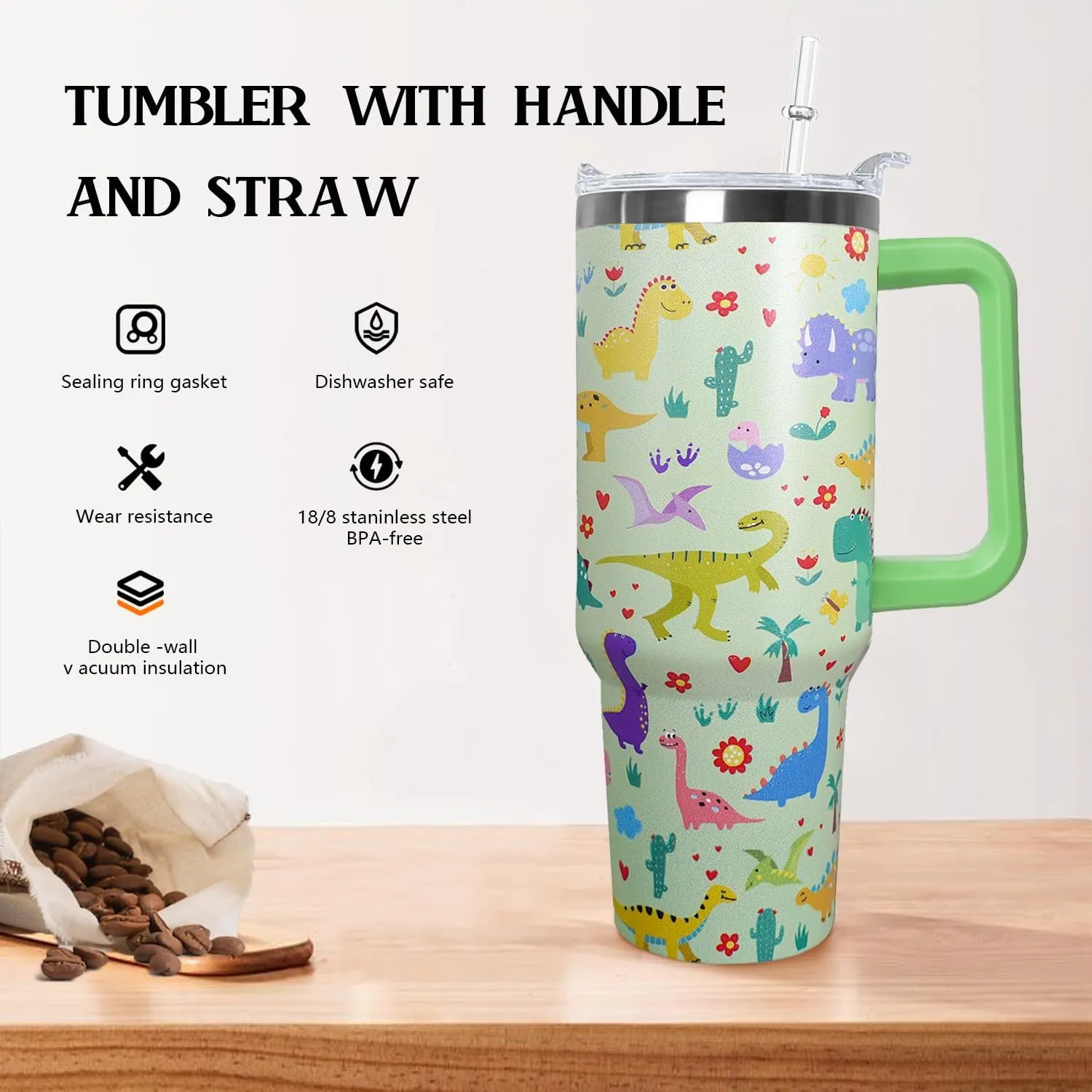 Ceovfoi 40 oz Dinosaur Tumbler with lid and Straw, Dinosaur Stainless Steel Cup Coffee Travel Mug, Dinosaur Gifts for Girls Women, Dinosaur Stuff Decor Accessories
