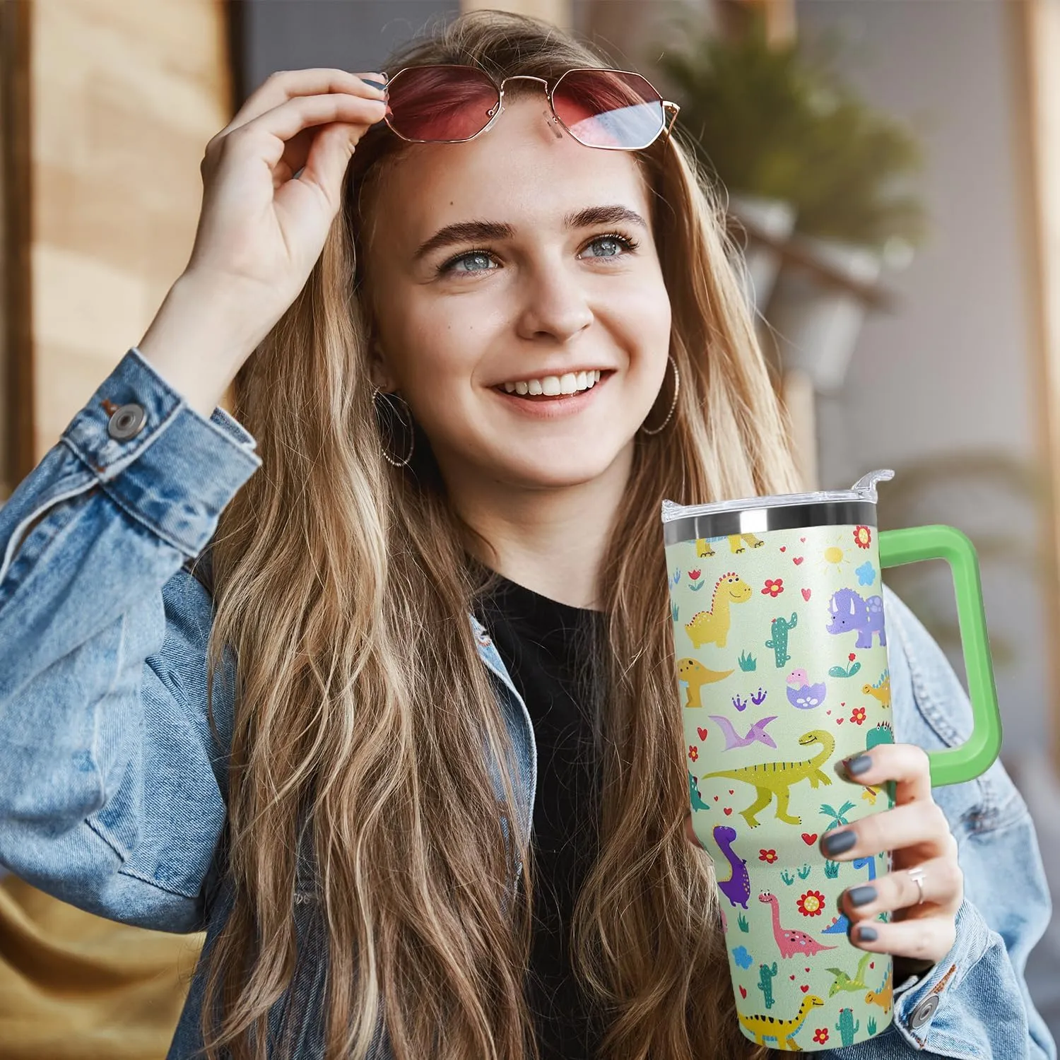 Ceovfoi 40 oz Dinosaur Tumbler with lid and Straw, Dinosaur Stainless Steel Cup Coffee Travel Mug, Dinosaur Gifts for Girls Women, Dinosaur Stuff Decor Accessories