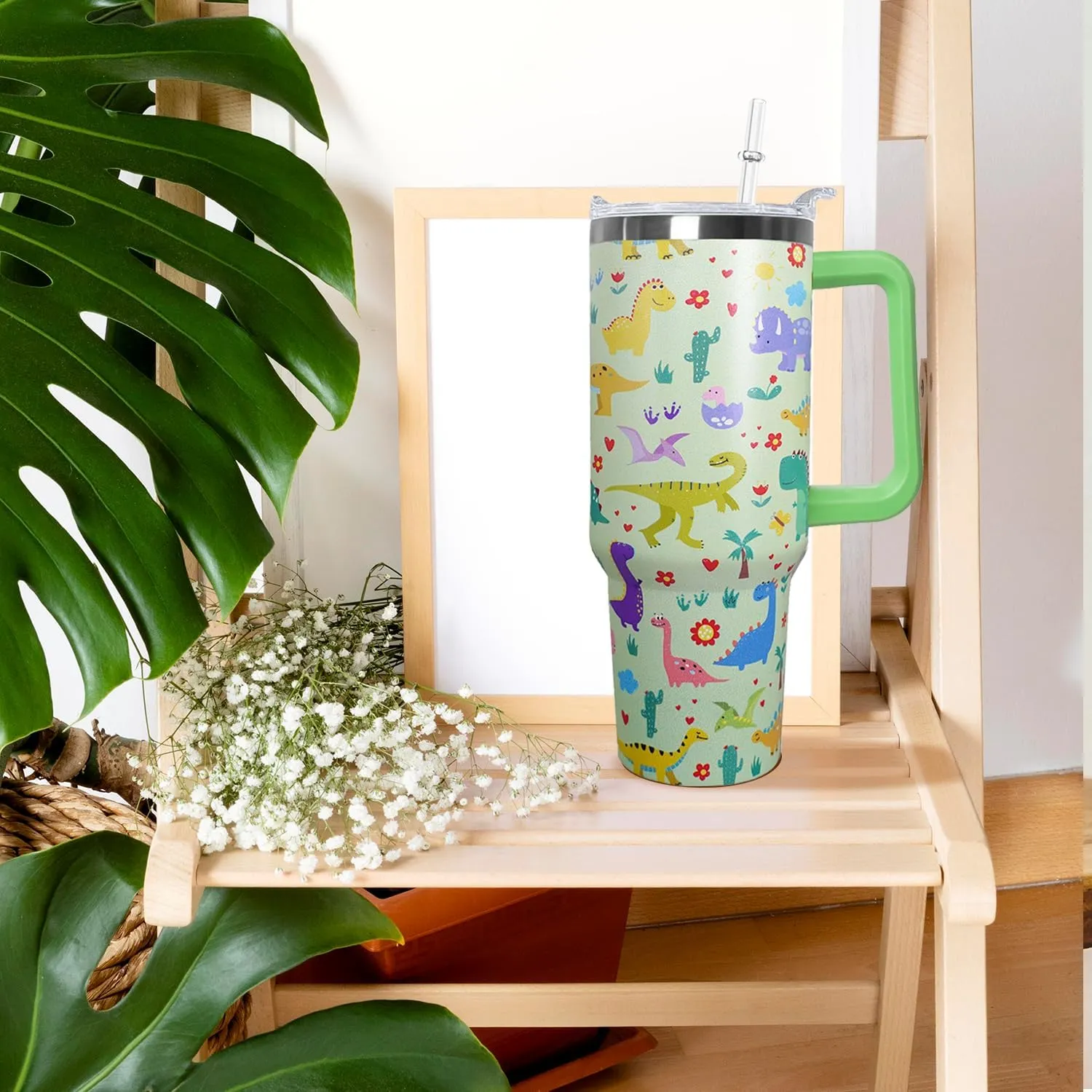 Ceovfoi 40 oz Dinosaur Tumbler with lid and Straw, Dinosaur Stainless Steel Cup Coffee Travel Mug, Dinosaur Gifts for Girls Women, Dinosaur Stuff Decor Accessories