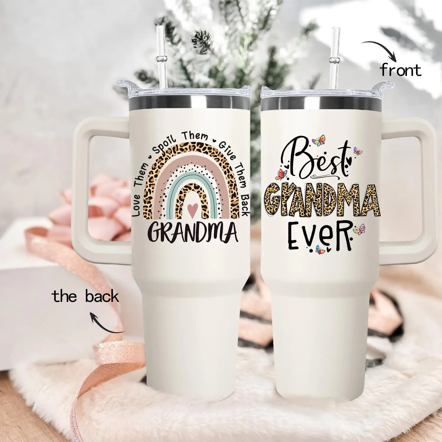 Ceovfoi Grandma Tumbler with handle Lid and Straw, 40 oz Best Grandma Ever Vacuum Insulated Travel Coffee Mug CupTumbler, Mothers Day Gifts for Grandmothe