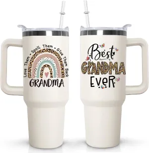 Ceovfoi Grandma Tumbler with handle Lid and Straw, 40 oz Best Grandma Ever Vacuum Insulated Travel Coffee Mug CupTumbler, Mothers Day Gifts for Grandmothe