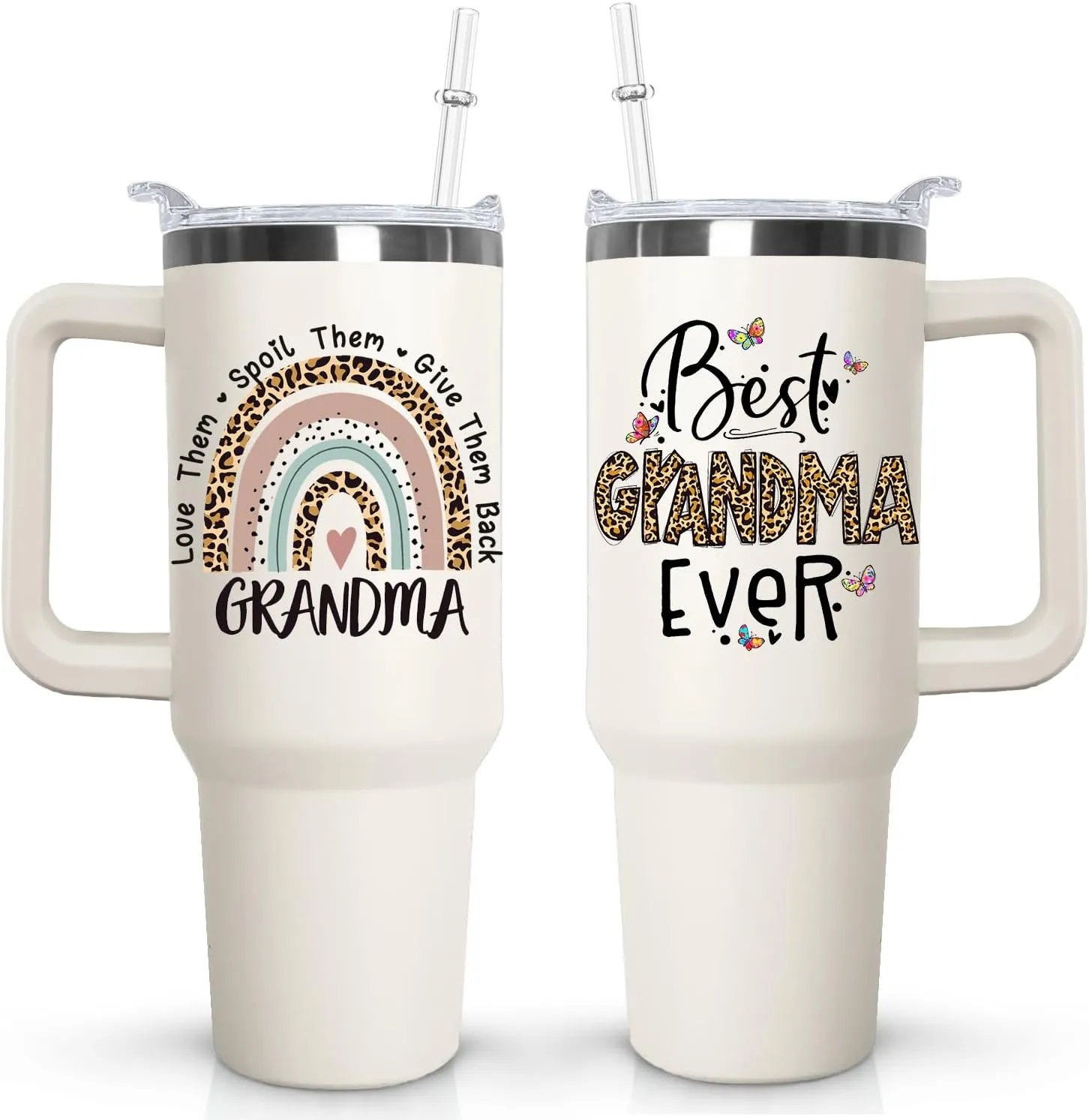 Ceovfoi Grandma Tumbler with handle Lid and Straw, 40 oz Best Grandma Ever Vacuum Insulated Travel Coffee Mug CupTumbler, Mothers Day Gifts for Grandmothe