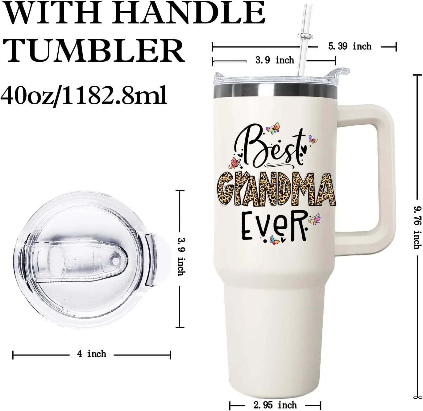 Ceovfoi Grandma Tumbler with handle Lid and Straw, 40 oz Best Grandma Ever Vacuum Insulated Travel Coffee Mug CupTumbler, Mothers Day Gifts for Grandmothe