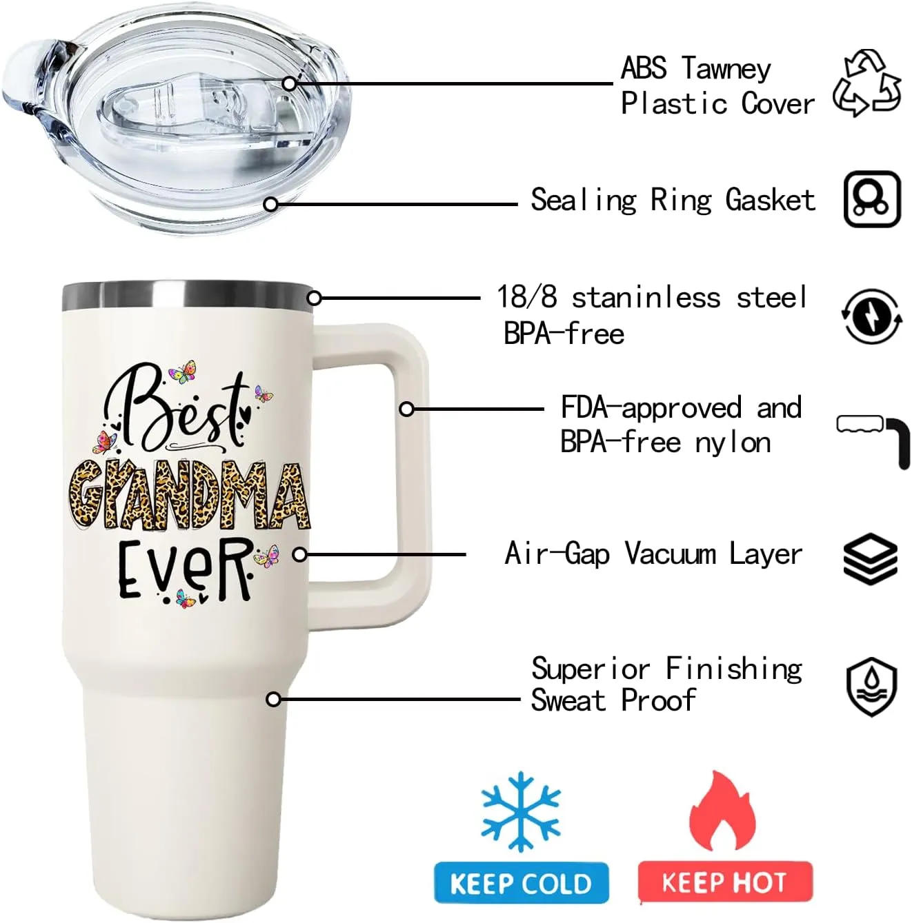Ceovfoi Grandma Tumbler with handle Lid and Straw, 40 oz Best Grandma Ever Vacuum Insulated Travel Coffee Mug CupTumbler, Mothers Day Gifts for Grandmothe