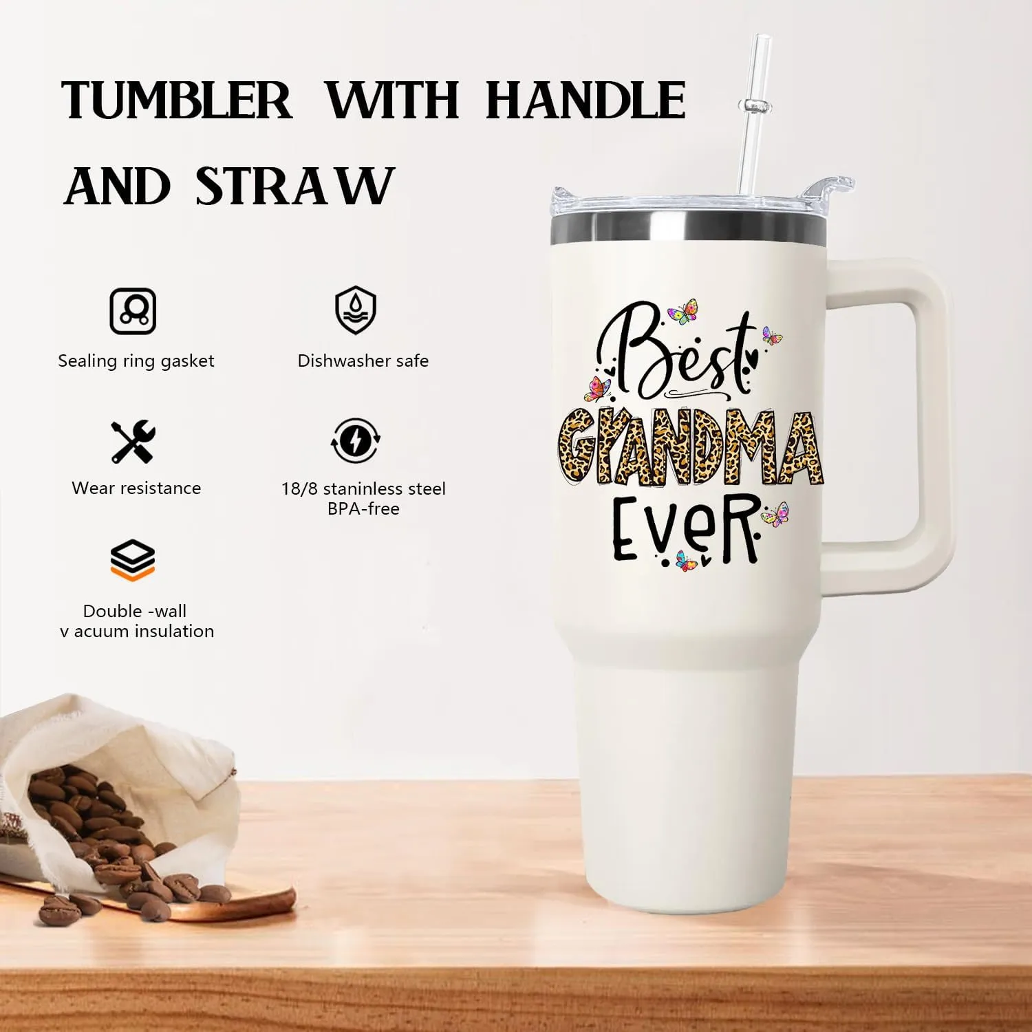 Ceovfoi Grandma Tumbler with handle Lid and Straw, 40 oz Best Grandma Ever Vacuum Insulated Travel Coffee Mug CupTumbler, Mothers Day Gifts for Grandmothe