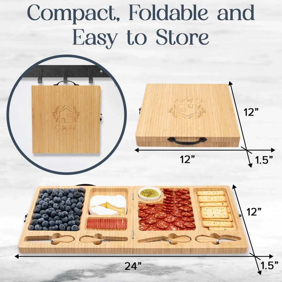 Charcuterie Board - Large Bamboo Cheese Board with Magnetic Knife Set - Wooden Cheese Platter - Foldable Charcuterie Board for House Warming Gifts New Home & Wedding Gifts