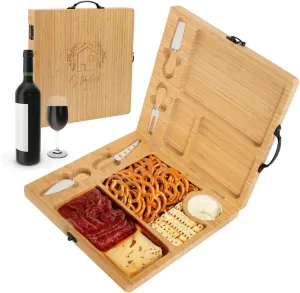 Charcuterie Board - Large Bamboo Cheese Board with Magnetic Knife Set - Wooden Cheese Platter - Foldable Charcuterie Board for House Warming Gifts New Home & Wedding Gifts