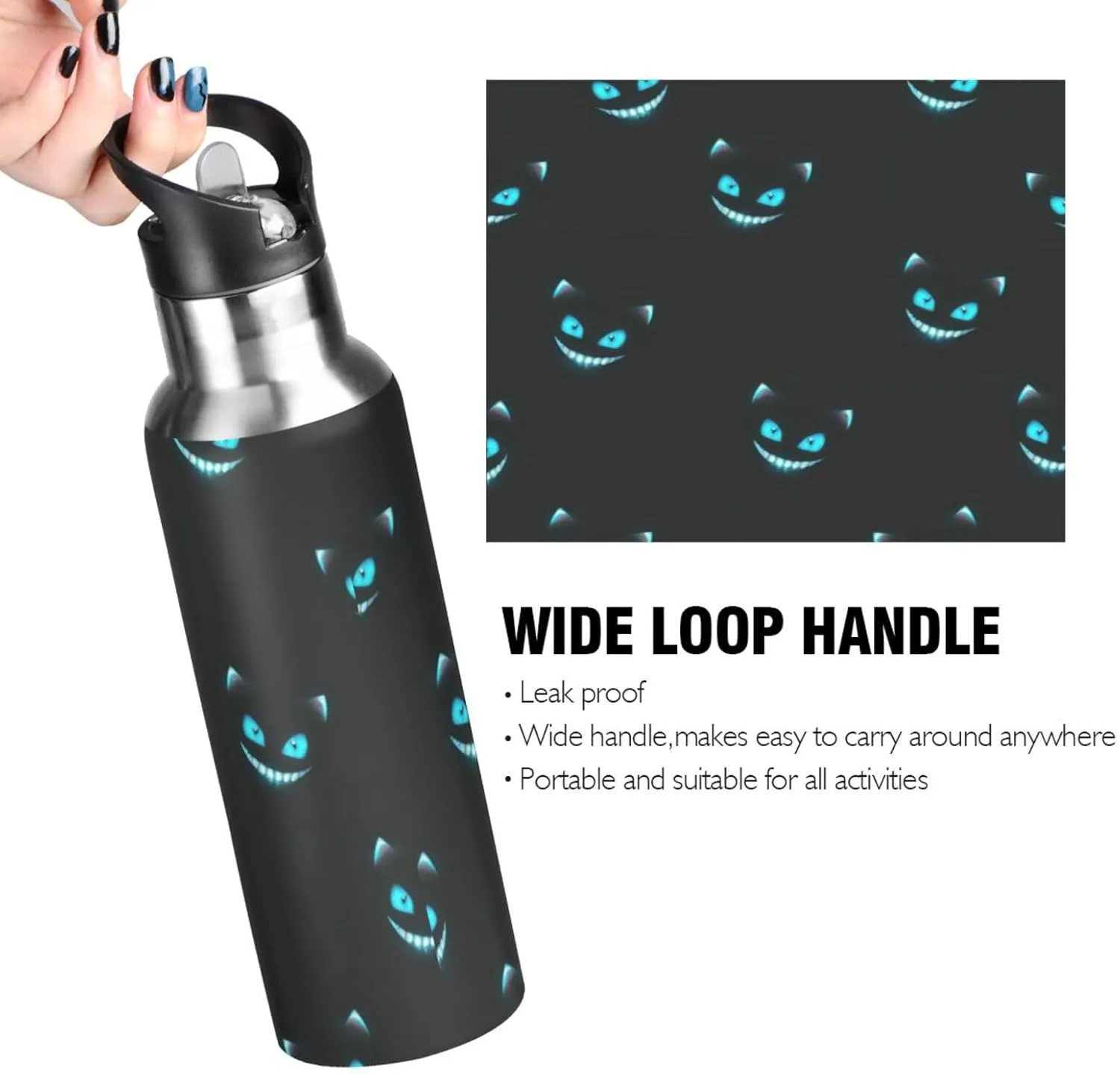 Cheshire Cat Texture Sports Water Bottle, 22 Oz BPA Free Non-Toxic Stainless Steel Water Bottle with Straw for Gym Yoga Fitness Camping