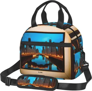 Chicago Reflected Print Lunch Bag Tote Reusable Lunch Box Container with Shoulder Strap Work Picnic Adult