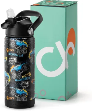 Choco Mocha Kids Water Bottle For School, Kids Insulated Truck Monster Water Bottle Stainless Steel for Boys,18Oz Black