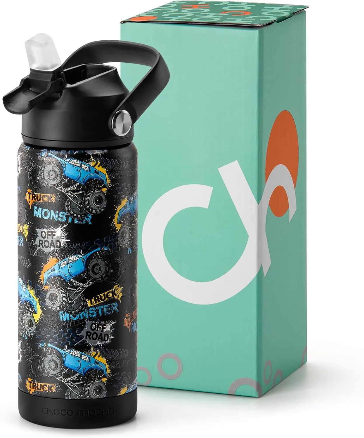 Choco Mocha Kids Water Bottle For School, Kids Insulated Truck Monster Water Bottle Stainless Steel for Boys,18Oz Black