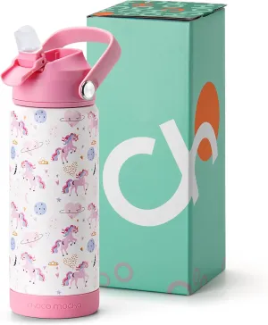 Choco Mocha Kids Water Bottle For School, Kids Insulated Unicorn Water Bottle Stainless Steel for Girls,18Oz Pink & White