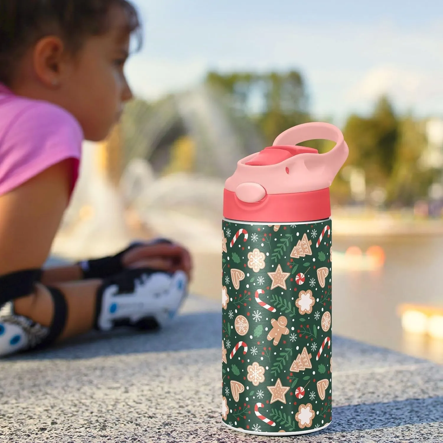 Christmas Gingerbread Snowflakes Kids Insulated Water Bottle, Toddlers Tumbler Travel Cup with Straw & Handle Stainless Steel Cup for Travel School Girls 12 oz