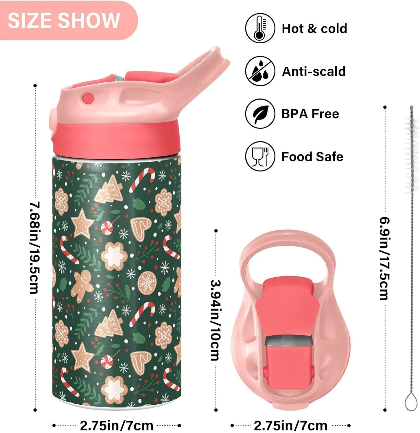 Christmas Gingerbread Snowflakes Kids Insulated Water Bottle, Toddlers Tumbler Travel Cup with Straw & Handle Stainless Steel Cup for Travel School Girls 12 oz