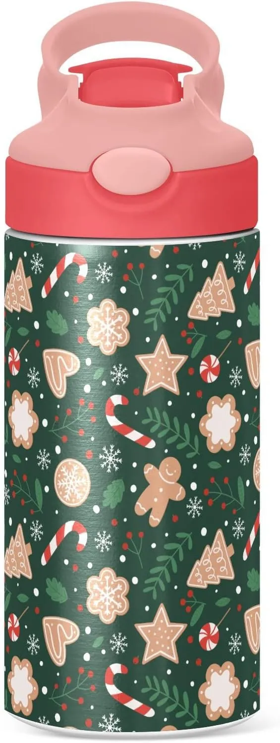 Christmas Gingerbread Snowflakes Kids Insulated Water Bottle, Toddlers Tumbler Travel Cup with Straw & Handle Stainless Steel Cup for Travel School Girls 12 oz
