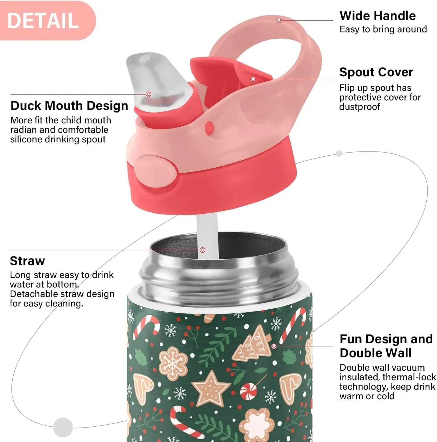 Christmas Gingerbread Snowflakes Kids Insulated Water Bottle, Toddlers Tumbler Travel Cup with Straw & Handle Stainless Steel Cup for Travel School Girls 12 oz