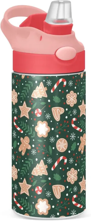 Christmas Gingerbread Snowflakes Kids Insulated Water Bottle, Toddlers Tumbler Travel Cup with Straw & Handle Stainless Steel Cup for Travel School Girls 12 oz