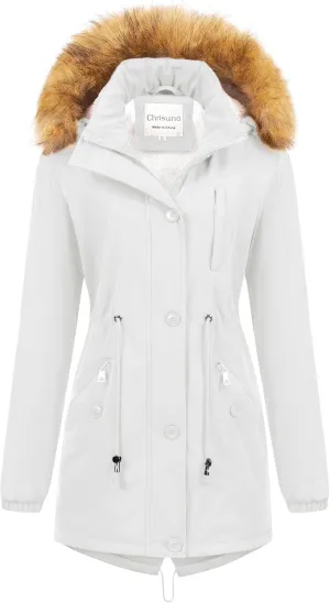 Chrisuno Women's Mid-Length Military Parka Winter Outerwear Insulated Jacket Soft Fleece Snow Faux Fur Coat