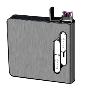 Cigarette Case with Lighter, Box Holder Built-in Dual Arc USB Rechargeable Lighters for Full Pack 20 Regular Size (Color : Black)