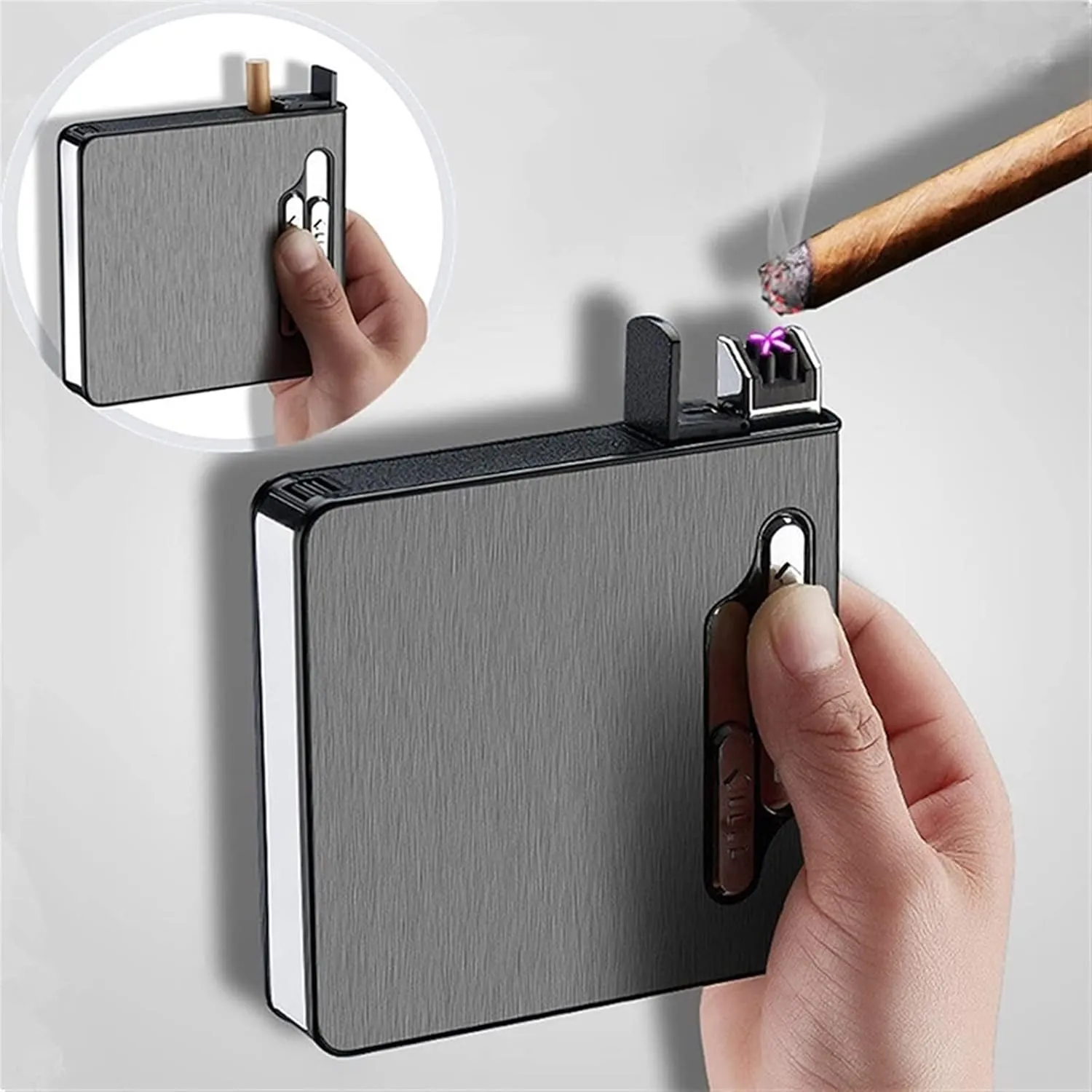 Cigarette Case with Lighter, Box Holder Built-in Dual Arc USB Rechargeable Lighters for Full Pack 20 Regular Size (Color : Black)