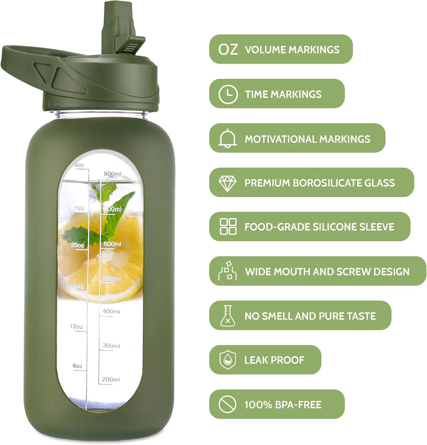 CIVAGO 32 oz Glass Water Bottle with Straw and Insulated Bottle Holder Sling, Motivational Water jug with Time Marker and Silicone Sleeve, Water Flask with 2 Lids for Walking and Gym Army Green