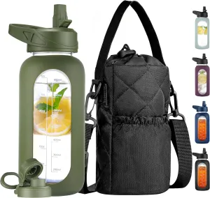 CIVAGO 32 oz Glass Water Bottle with Straw and Insulated Bottle Holder Sling, Motivational Water jug with Time Marker and Silicone Sleeve, Water Flask with 2 Lids for Walking and Gym Army Green