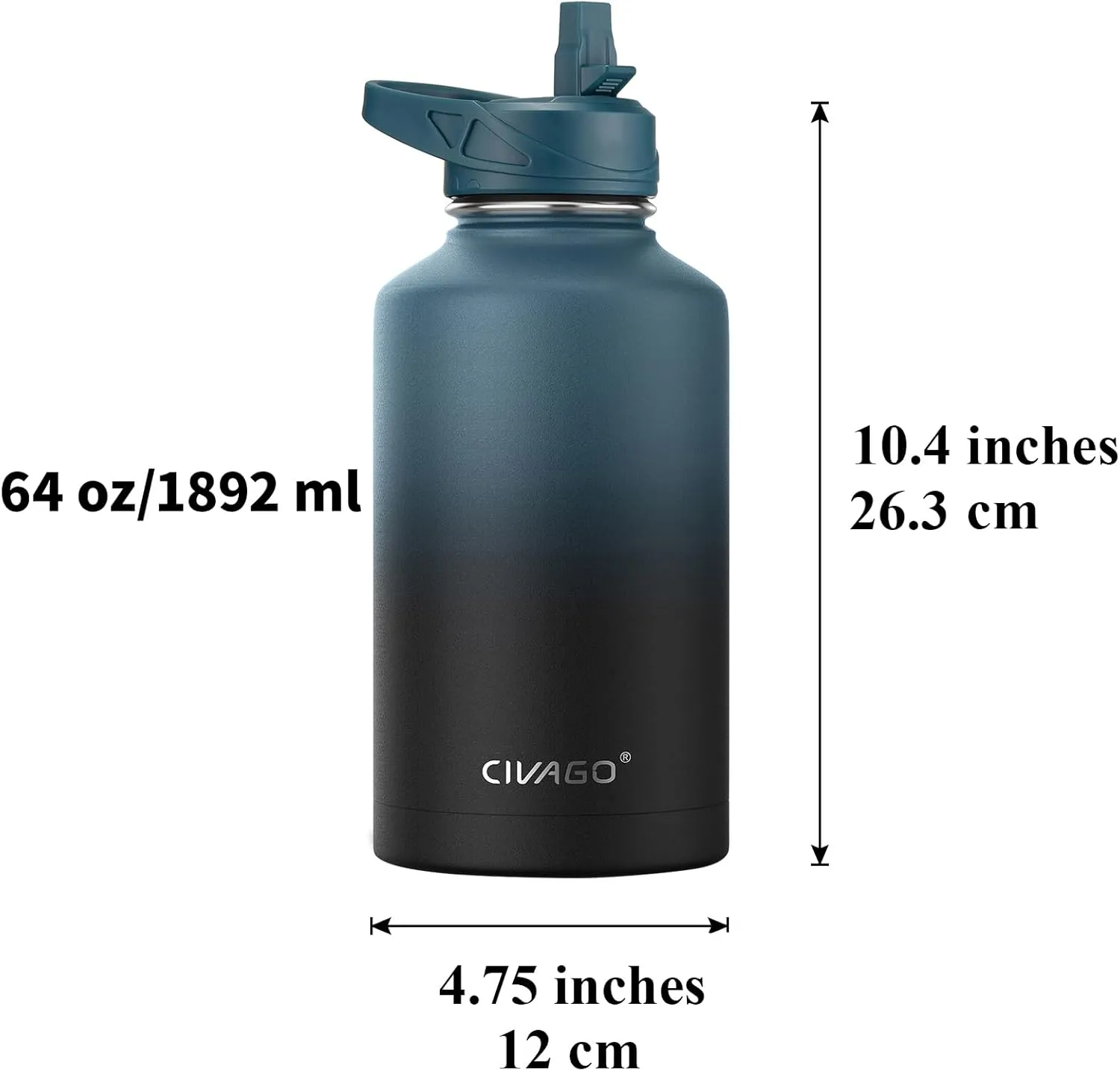 CIVAGO 64 oz Insulated Water Bottle With Straw, Half Gallon Stainless Steel Sports Water Flask Jug with 3 Lids (Straw, Spout and Handle Lid), Large Metal Thermal Cup Mug, Dark Rainbow