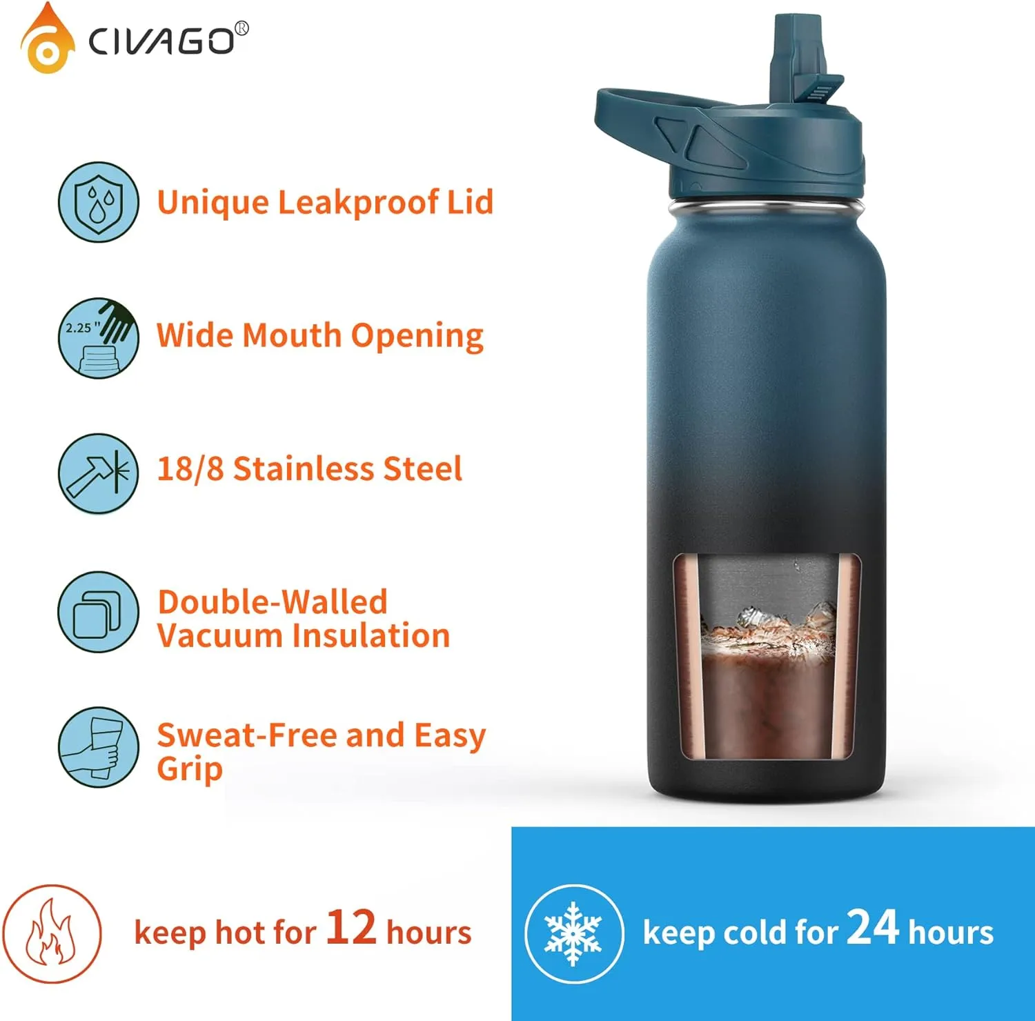 CIVAGO 64 oz Insulated Water Bottle With Straw, Half Gallon Stainless Steel Sports Water Flask Jug with 3 Lids (Straw, Spout and Handle Lid), Large Metal Thermal Cup Mug, Dark Rainbow