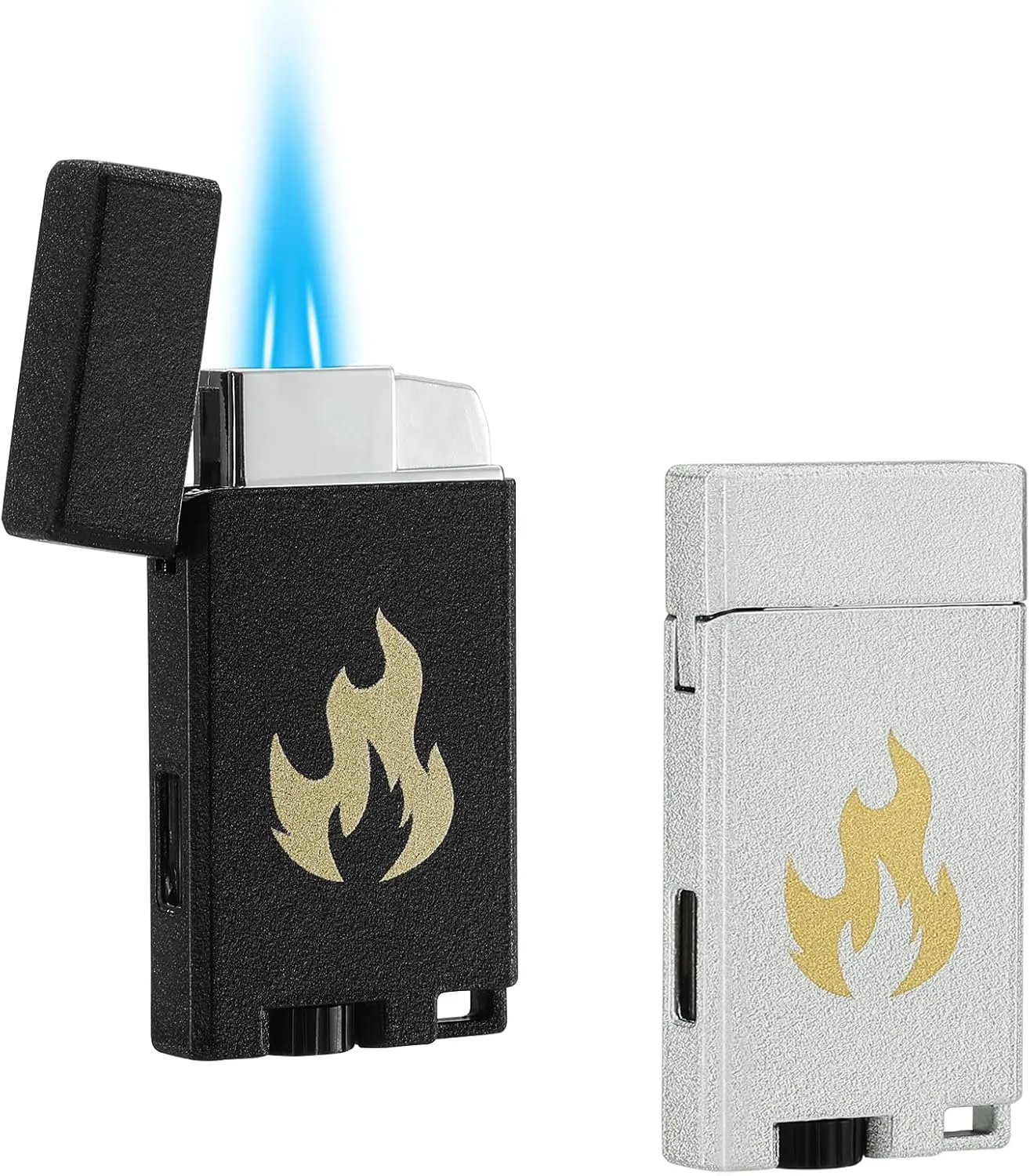 Classic Matte Butane Pocket Lighter, 2 Pack Double Jet Flame Torch Lighter with Visible Window, Windproof Adjustable and Refillable Lighter for Men and Women, Without Gas(Matte Black Silver)