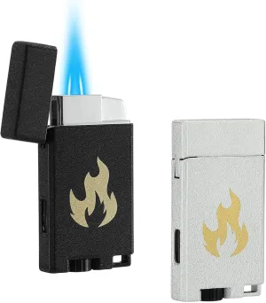 Classic Matte Butane Pocket Lighter, 2 Pack Double Jet Flame Torch Lighter with Visible Window, Windproof Adjustable and Refillable Lighter for Men and Women, Without Gas(Matte Black Silver)