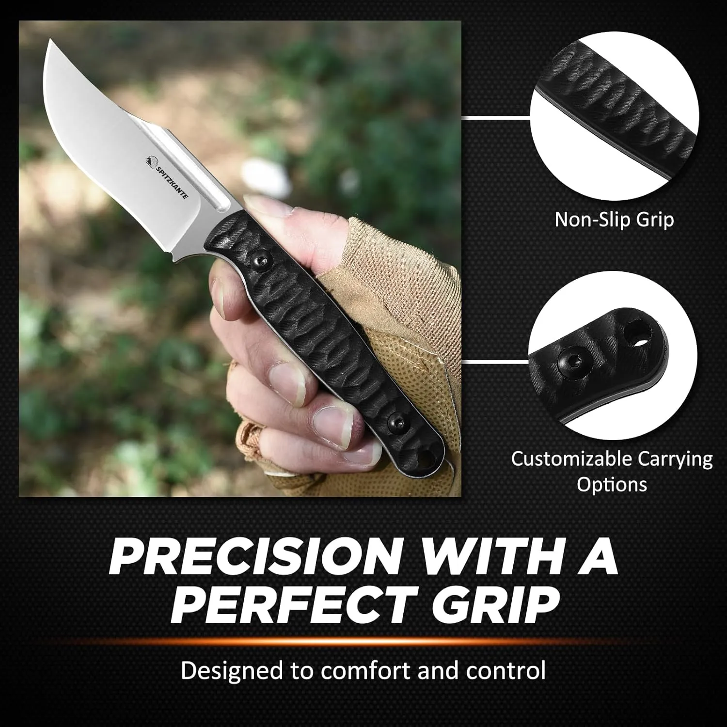 Clip Point Fixed Blade Knife with Sheath, D2 Steel Satin Blade and G10 Handle, Full Tang Outdoor Survival Knife for Camping, Hunting, EDC