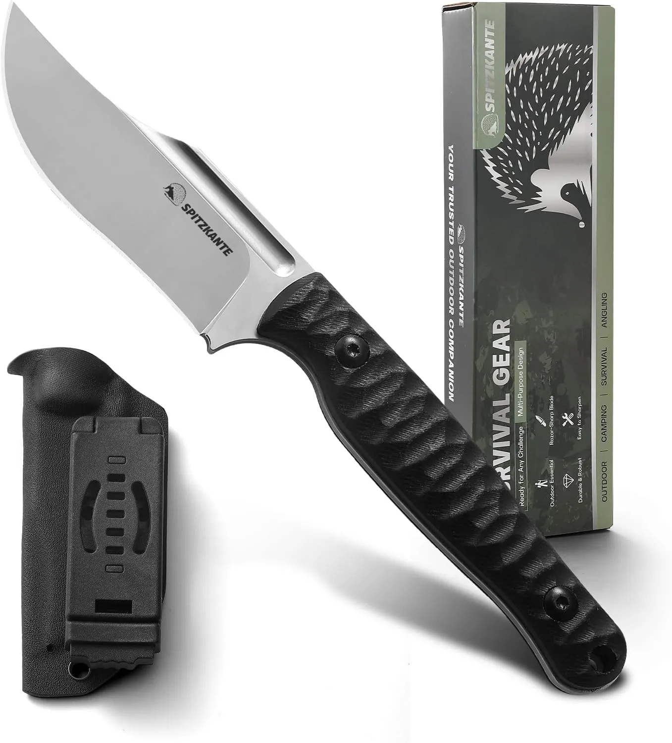 Clip Point Fixed Blade Knife with Sheath, D2 Steel Satin Blade and G10 Handle, Full Tang Outdoor Survival Knife for Camping, Hunting, EDC