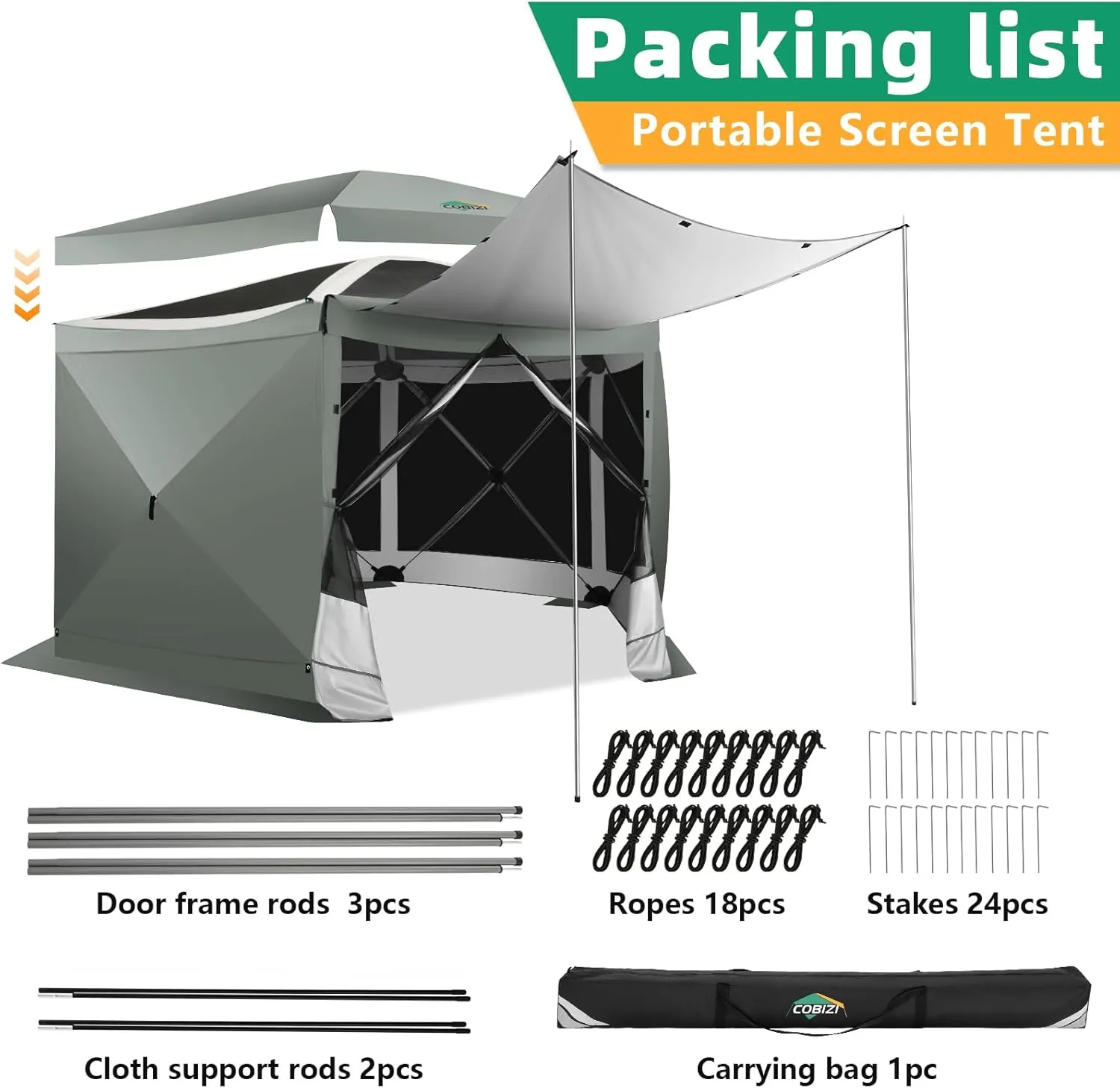 COBIZI Pop Up Gazebo Screen Tent Screen House for Camping, 12x12 Screen Room with Mosquito Netting, Hub Tent Instant Screened Canopy with Carrying Bag and Ground Stakes, Gray