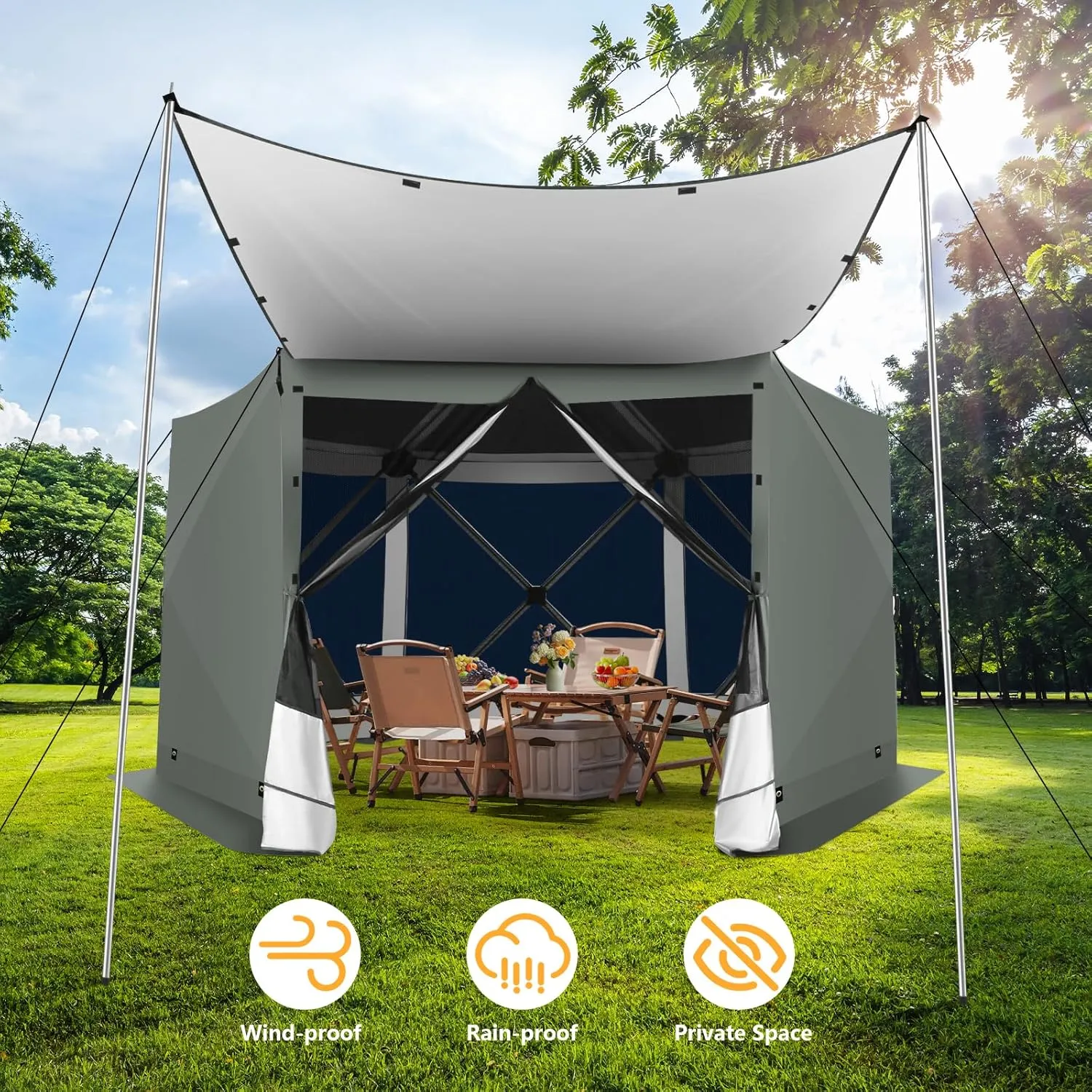 COBIZI Pop Up Gazebo Screen Tent Screen House for Camping, 12x12 Screen Room with Mosquito Netting, Hub Tent Instant Screened Canopy with Carrying Bag and Ground Stakes, Gray