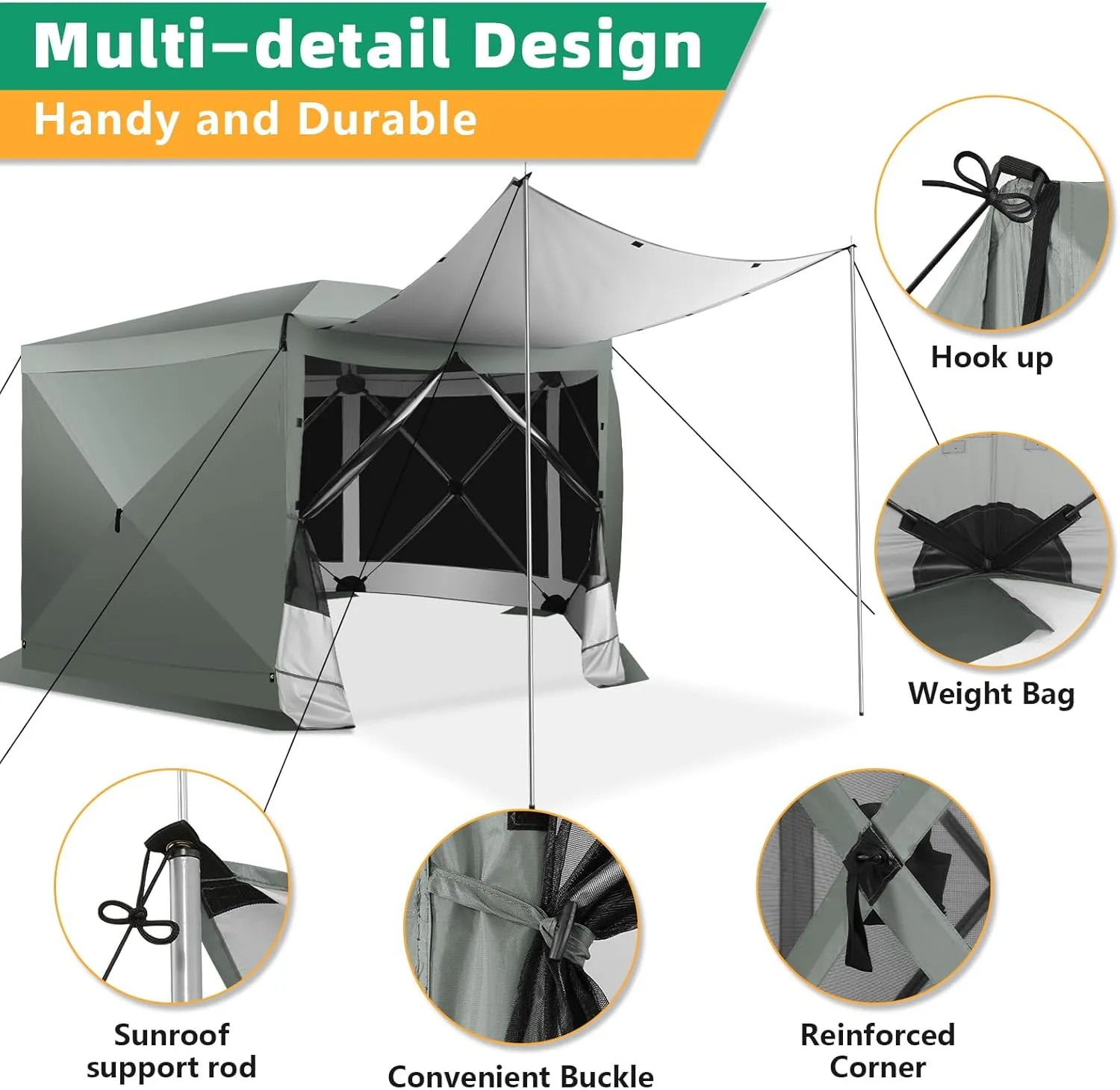 COBIZI Pop Up Gazebo Screen Tent Screen House for Camping, 12x12 Screen Room with Mosquito Netting, Hub Tent Instant Screened Canopy with Carrying Bag and Ground Stakes, Gray