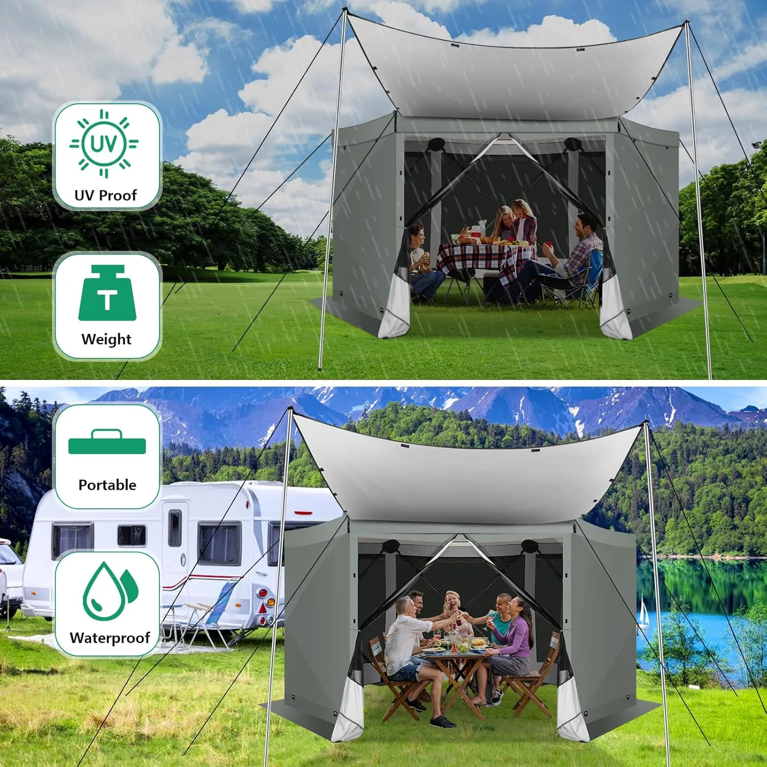COBIZI Pop Up Gazebo Screen Tent Screen House for Camping, 12x12 Screen Room with Mosquito Netting, Hub Tent Instant Screened Canopy with Carrying Bag and Ground Stakes, Gray