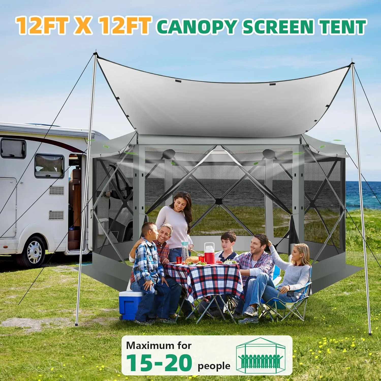 COBIZI Pop Up Gazebo Screen Tent Screen House for Camping, 12x12 Screen Room with Mosquito Netting, Hub Tent Instant Screened Canopy with Carrying Bag and Ground Stakes, Gray