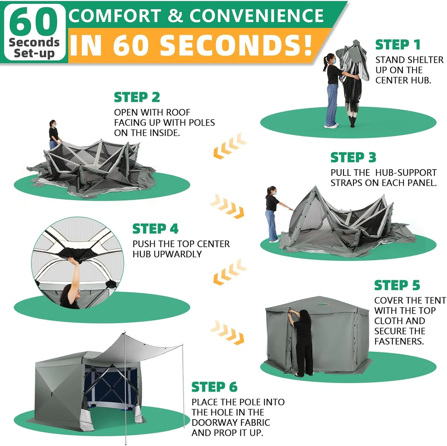 COBIZI Pop Up Gazebo Screen Tent Screen House for Camping, 12x12 Screen Room with Mosquito Netting, Hub Tent Instant Screened Canopy with Carrying Bag and Ground Stakes, Gray