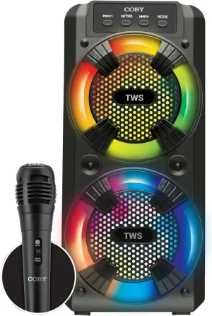 Coby True Wireless Speaker, 12-HR Rechargeable Portable Speaker, Multicolor LED Lights, USB, FM Radio, TF Card, 3.5mm AUX, Carry Handle & Mic