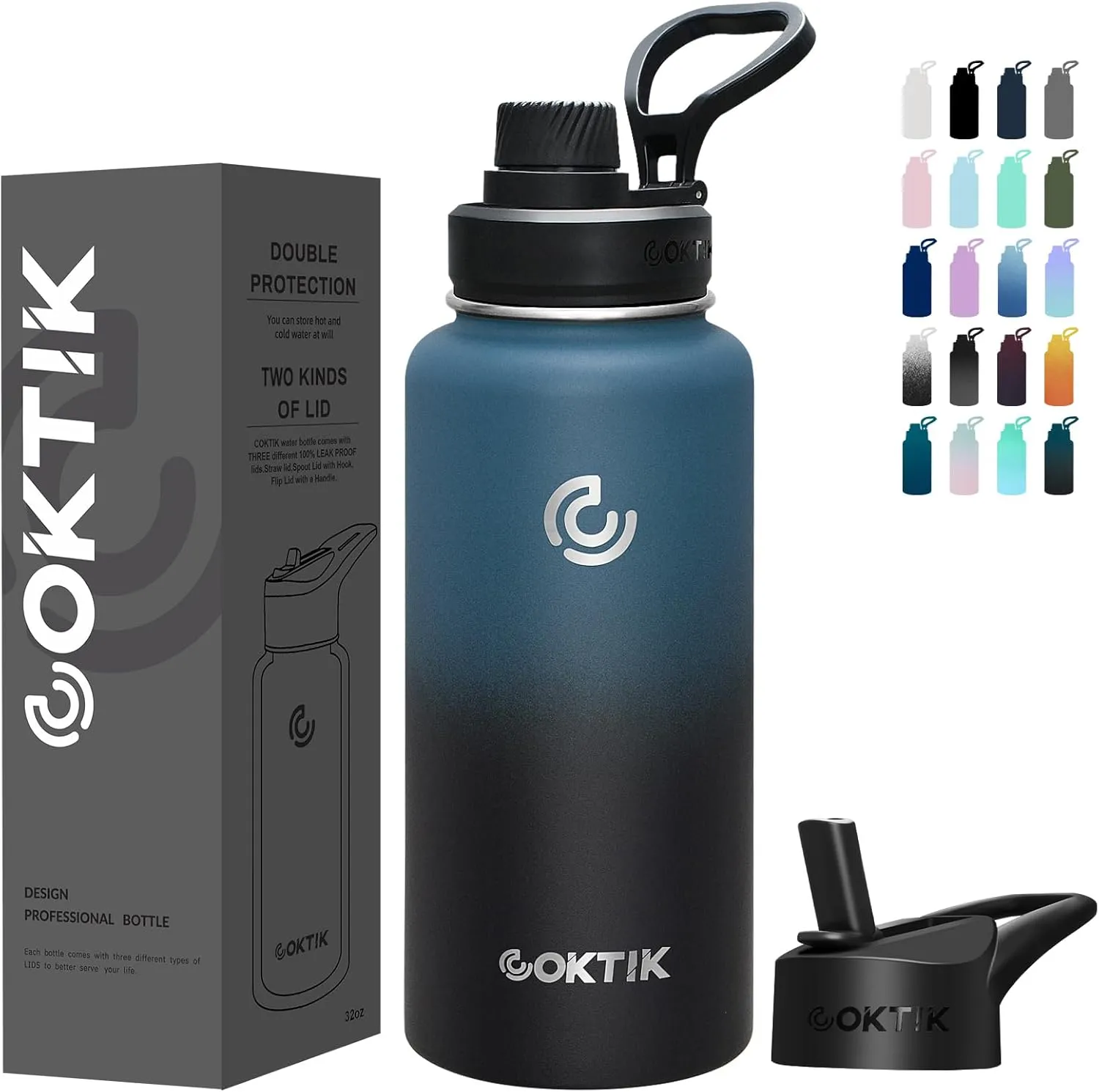 COKTIK 32 oz Sports Water Bottle With Straw,2 Lids, Stainless Steel Vacuum Insulated Water Bottles,Leakproof Lightweight, Keeps Cold and Hot, Great for Travel, Hiking, Biking, Running (Indigo Crush)