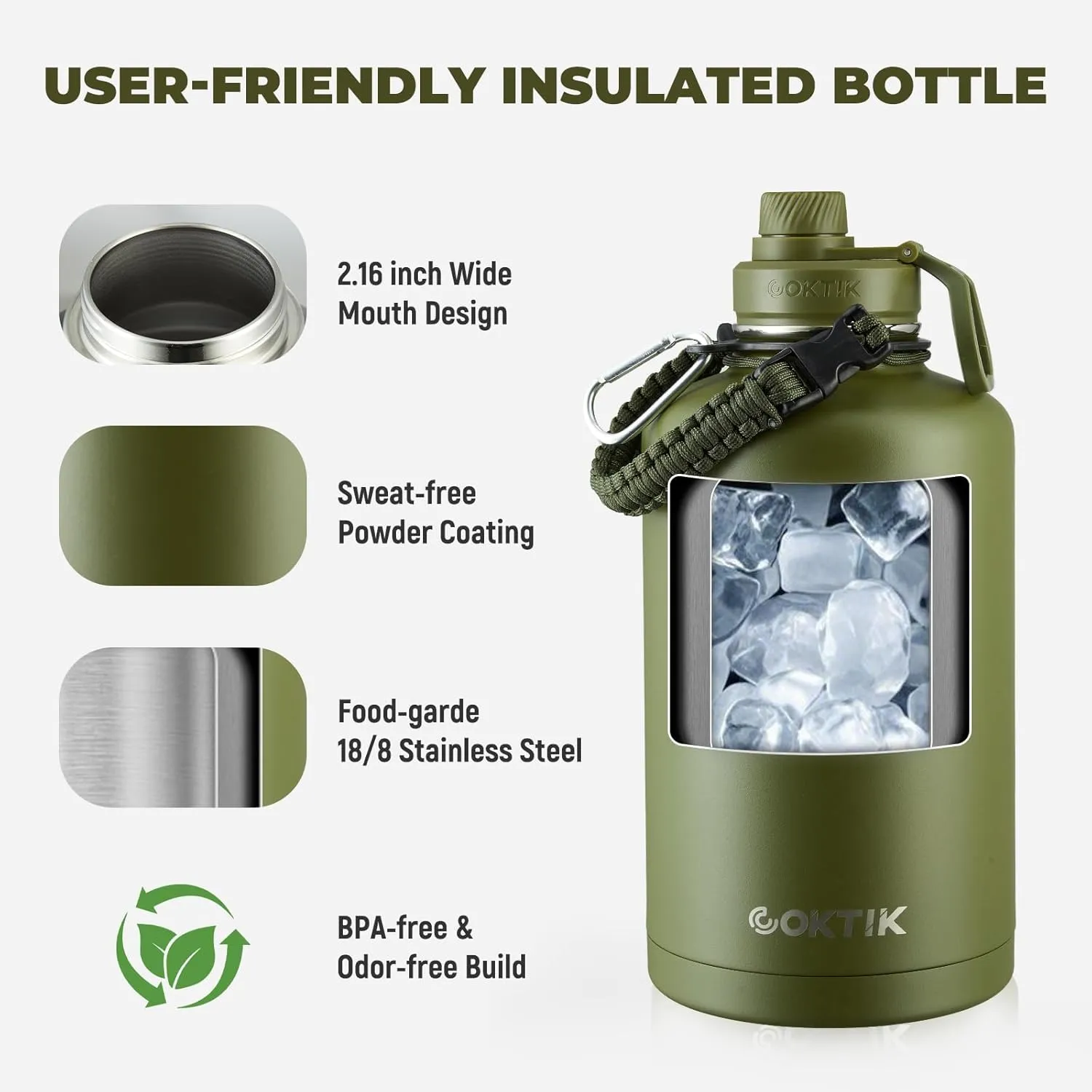 COKTIK 84oz Water Bottle with Straw - Triple Insulated Flask, 48hr Cold Retention Large Water Bottle, Leakproof Water Jug for Gym, Hiking, Camping, Outdoor Sports(Army Green)