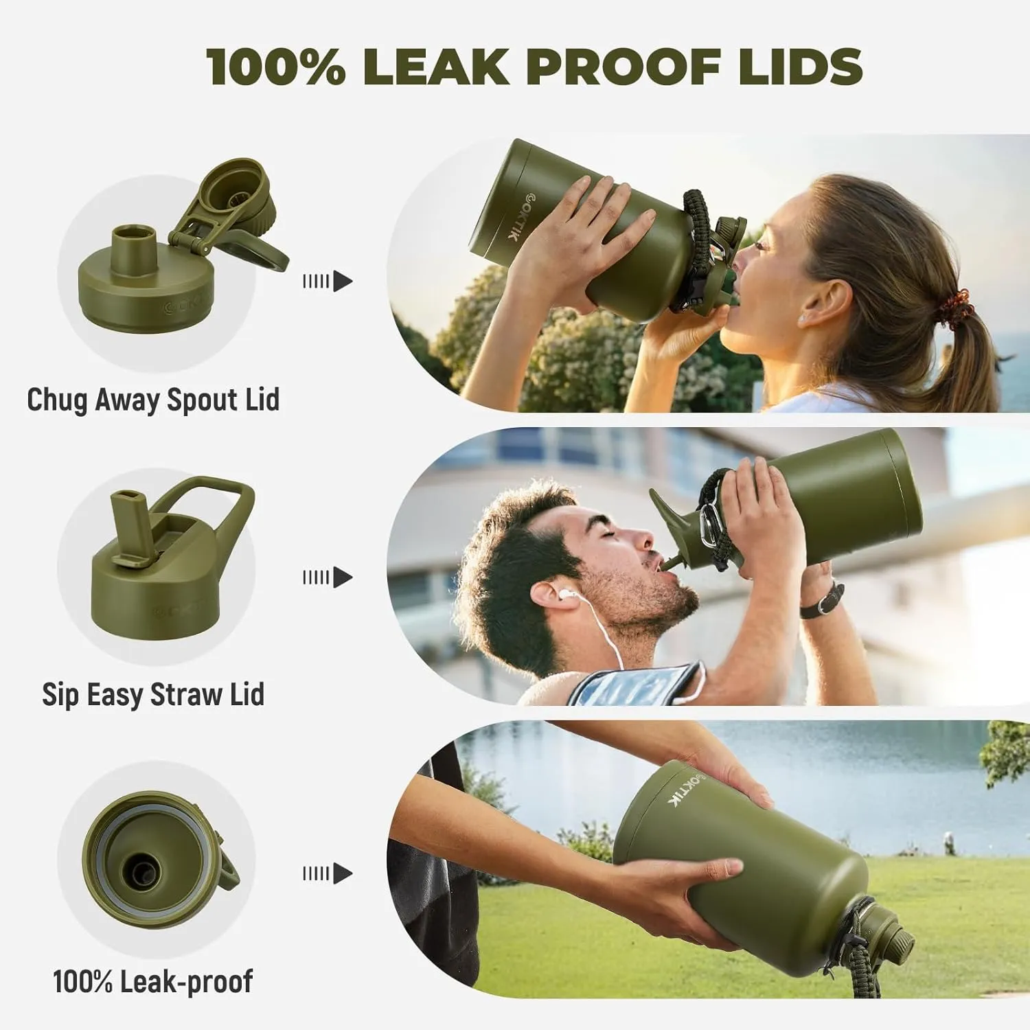 COKTIK 84oz Water Bottle with Straw - Triple Insulated Flask, 48hr Cold Retention Large Water Bottle, Leakproof Water Jug for Gym, Hiking, Camping, Outdoor Sports(Army Green)