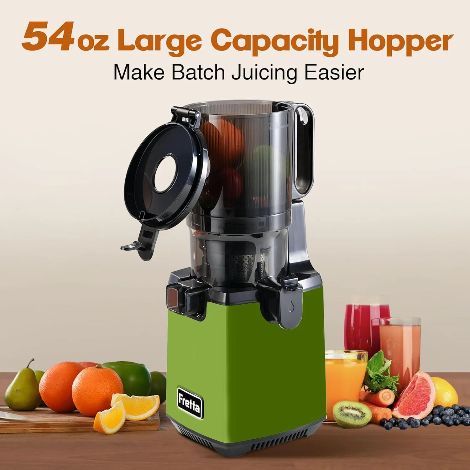 Cold Press Juicer Machines,Fretta 5.3'' Self Feeding Slow Masticating Juicers Fit Whole Fruits & Vegetable Easy Clean Juice Extractor,Tritan Material BPA Free 250W, (Matcha)