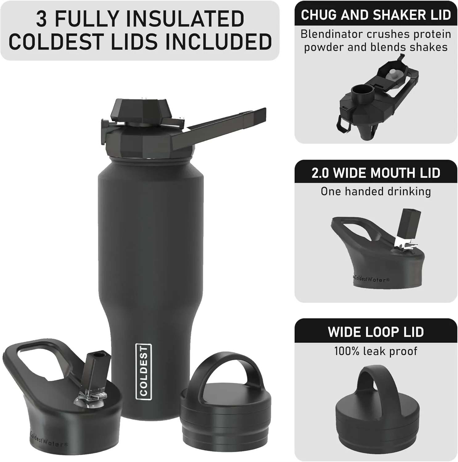 Coldest Sports Water Bottle - 3 in 1 Lids (Chug, Straw, Handle) - Insulated Stainless Steel Tumbler with Handle - Vacuum Water Flask Cup, Valentines Gifts for Him Her (36 oz, Forever Pink Glitter)