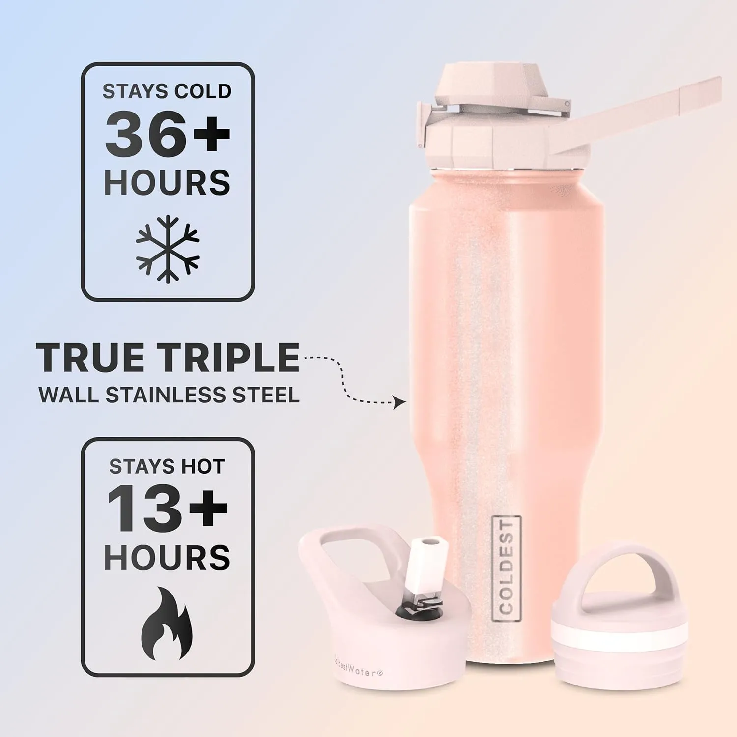 Coldest Sports Water Bottle - 3 in 1 Lids (Chug, Straw, Handle) - Insulated Stainless Steel Tumbler with Handle - Vacuum Water Flask Cup, Valentines Gifts for Him Her (36 oz, Forever Pink Glitter)