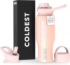 Coldest Sports Water Bottle - 3 in 1 Lids (Chug, Straw, Handle) - Insulated Stainless Steel Tumbler with Handle - Vacuum Water Flask Cup, Valentines Gifts for Him Her (36 oz, Forever Pink Glitter)