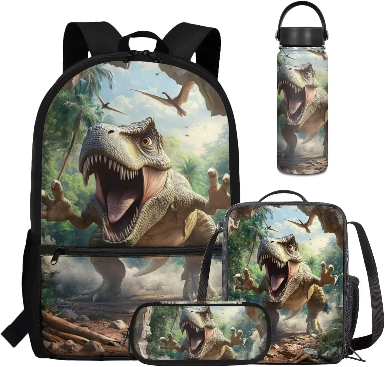 Coldinair 3D Dinosaur School Backpack for Boy Cool School Backpack for Elementary School Boys with Lunch Bag and Pencil Case 4PCS Set Bookbag 17 inch Waterproof School Bag with Front Zipper Pocket