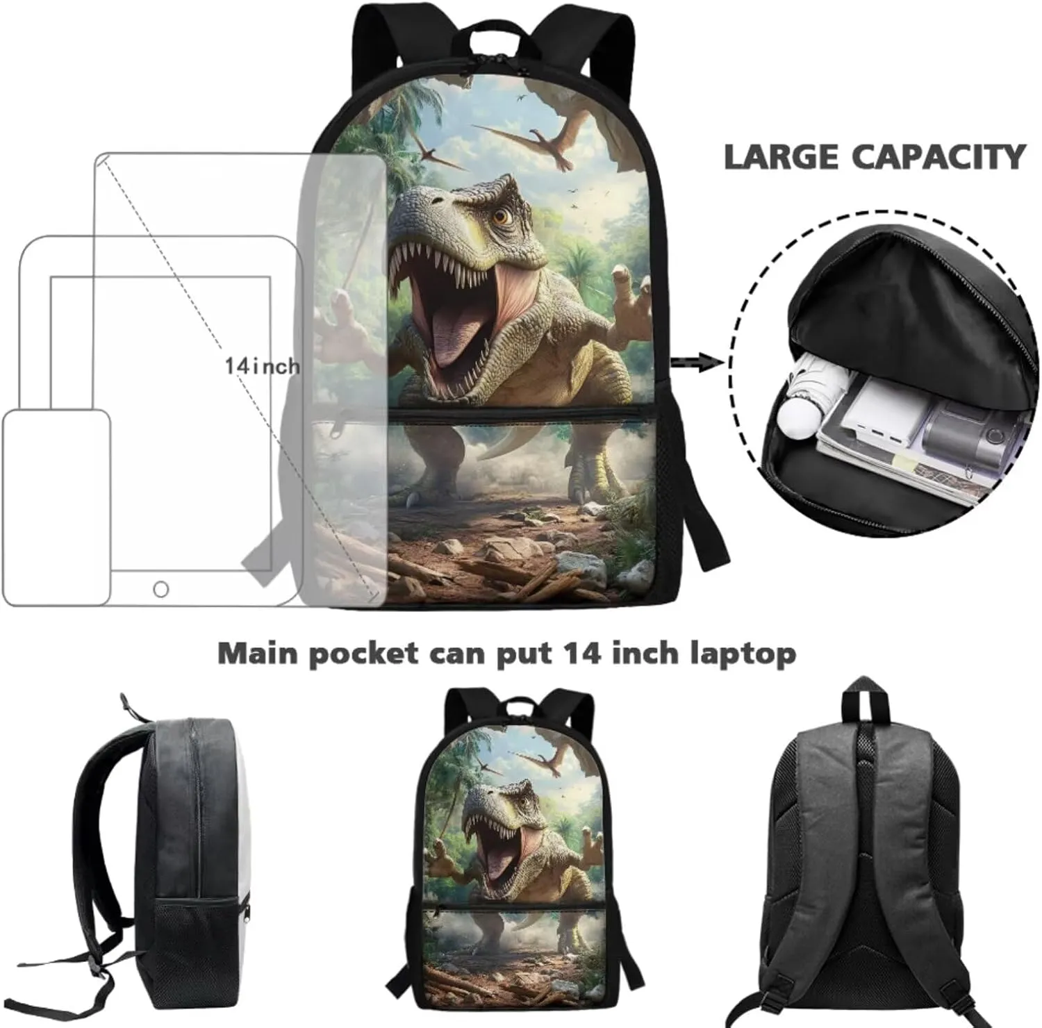 Coldinair 3D Dinosaur School Backpack for Boy Cool School Backpack for Elementary School Boys with Lunch Bag and Pencil Case 4PCS Set Bookbag 17 inch Waterproof School Bag with Front Zipper Pocket