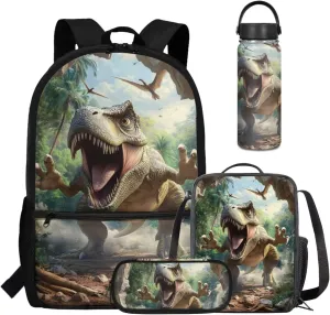 Coldinair 3D Dinosaur School Backpack for Boy Cool School Backpack for Elementary School Boys with Lunch Bag and Pencil Case 4PCS Set Bookbag 17 inch Waterproof School Bag with Front Zipper Pocket