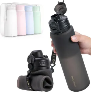 Collapsible 32oz Silicone Water Bottle, Foldable Travel Bottle with Strap, BPA Free, Leakproof for Hiking, International Travel, Outdoors (Black)